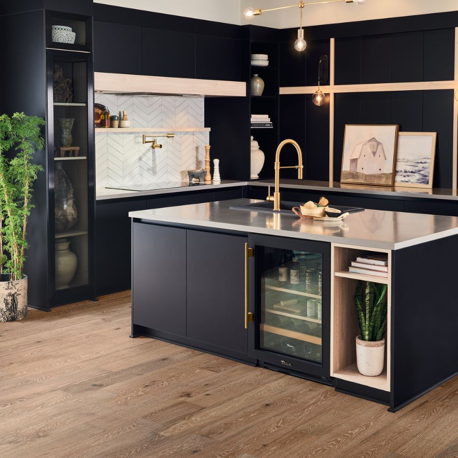 hardwood flooring in kitchen, countertop, dark cabinets 